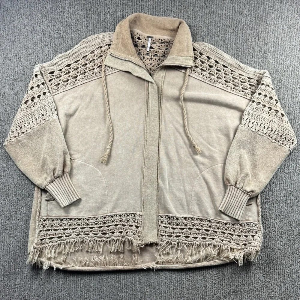 Free People Womens S Dune Bug Cardi Sweater Jacket Full Zip Crochet Tan Beige